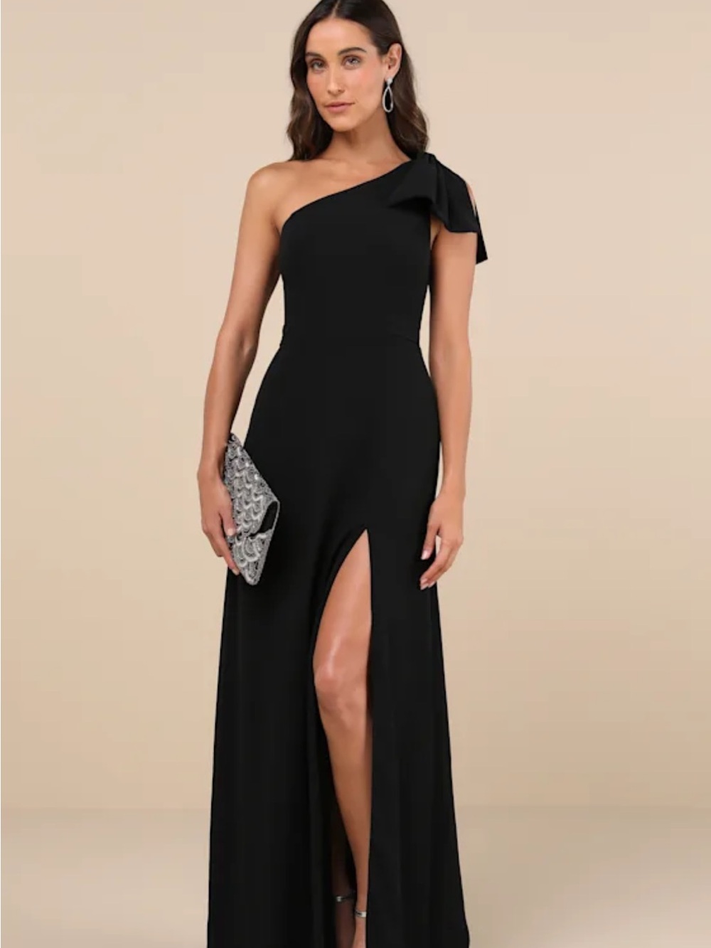 NWT Lulu’s Simply Brilliant Black One-Shoulder Bow Maxi Dress